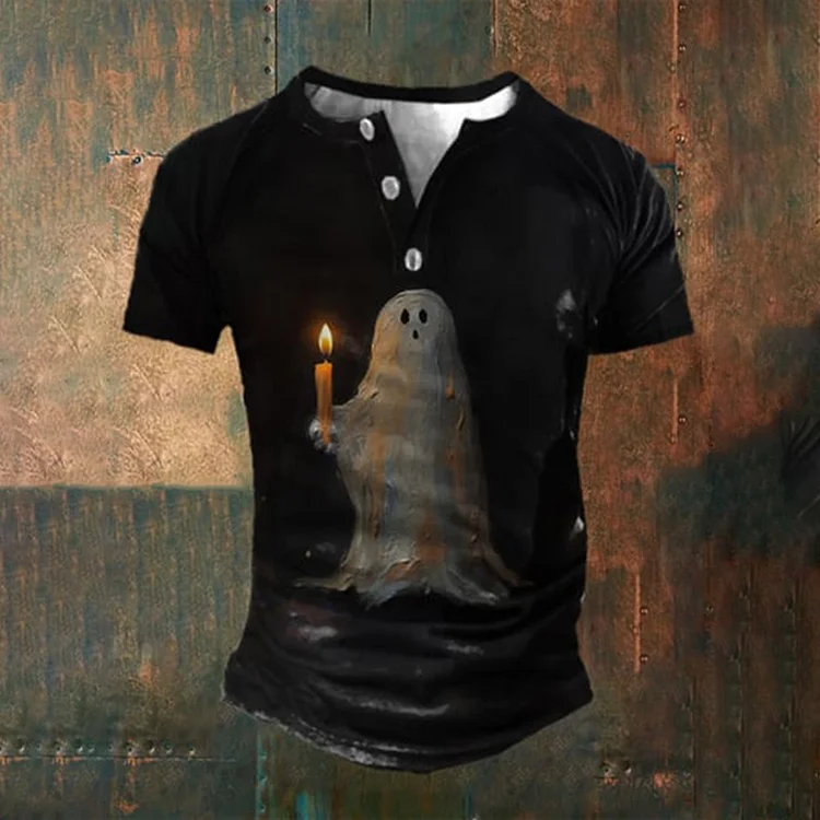 Broswear Retro Ghost Painting Candle Button Henley Shirt