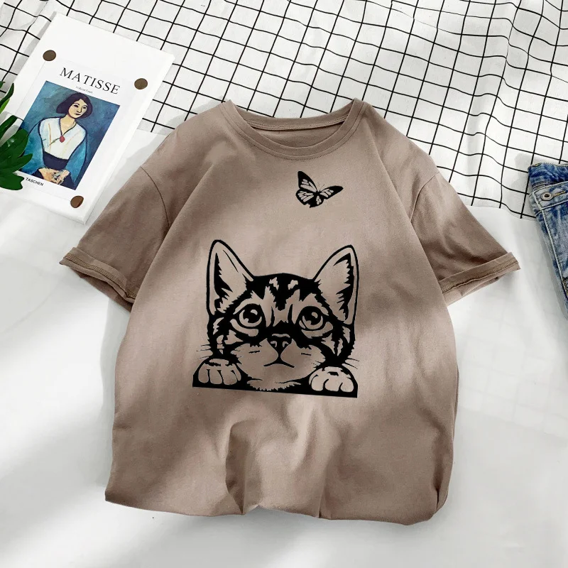 Casual Loose Cat Butterfly Print Cotton T-Shirt