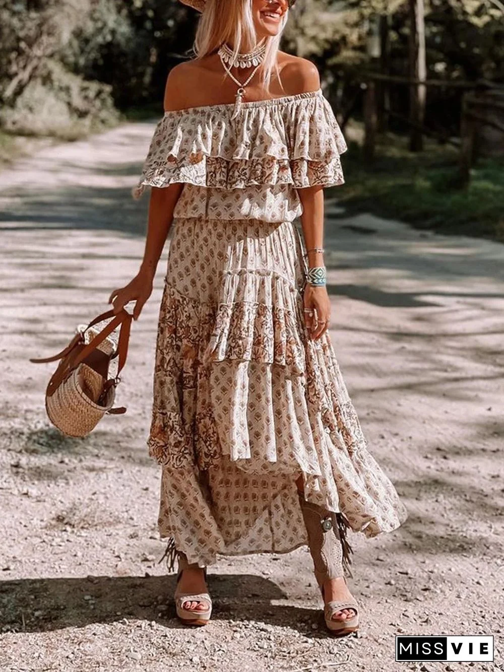 Off-the-shoulder Ruffle Smocked Print Maxi Dress P13702