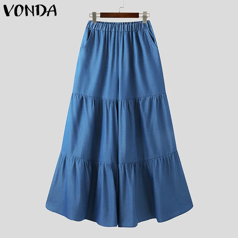 Casual Women Demin Wide Leg Pants 2022 VONDA Vintage Solid Color Elastic Waist Pleated Pants With Pockets Female Long Trousers
