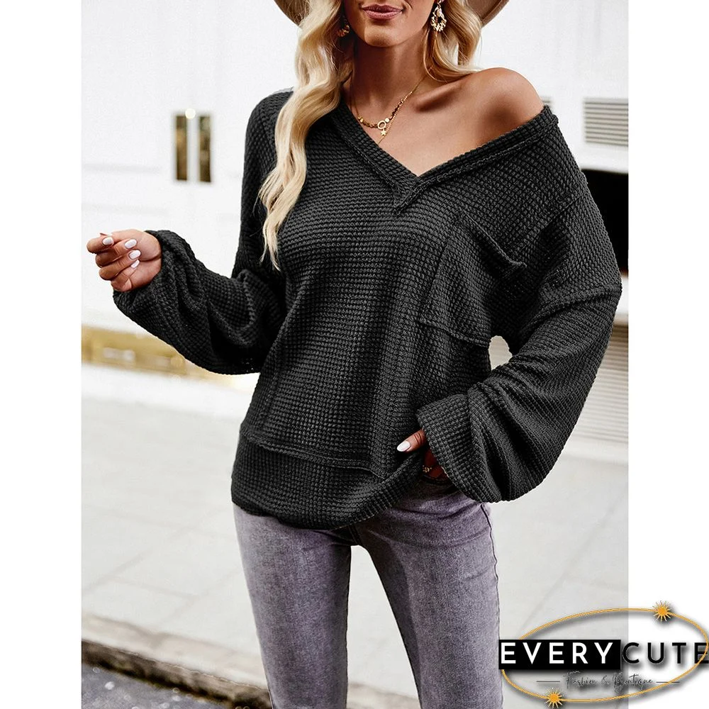 Black V Neck Waffle Pocket Long Sleeve Tops