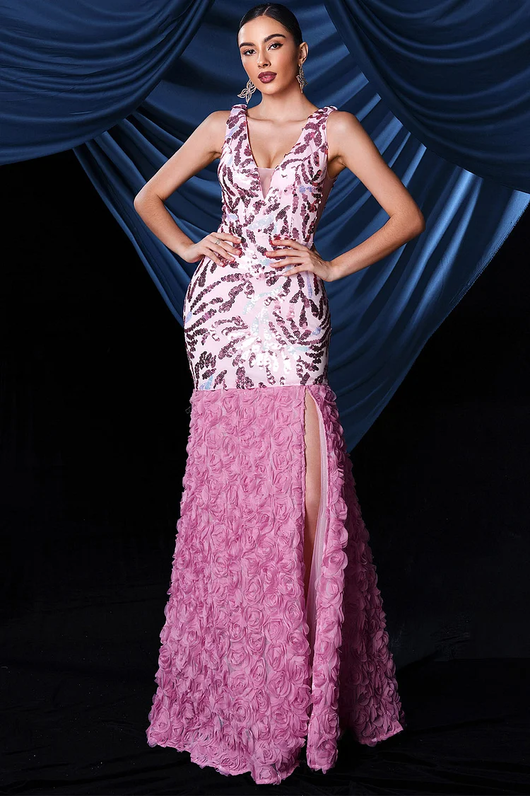 Sequin 3D Floral Slit Mermaid Maxi Dress-Pink