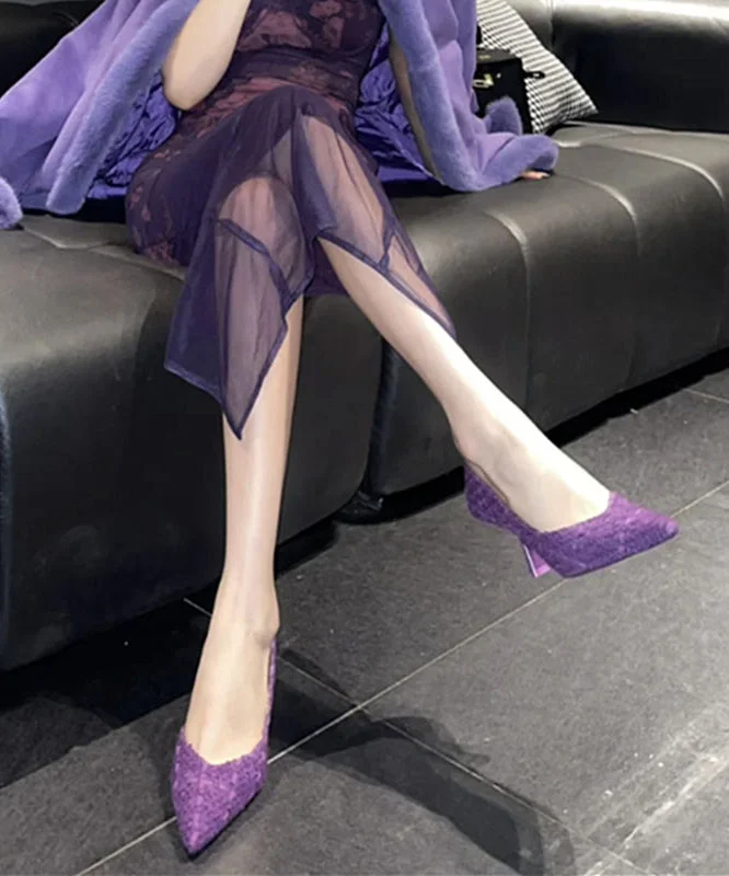 French Purple Boutique Splicing High Heels Pointed Toe