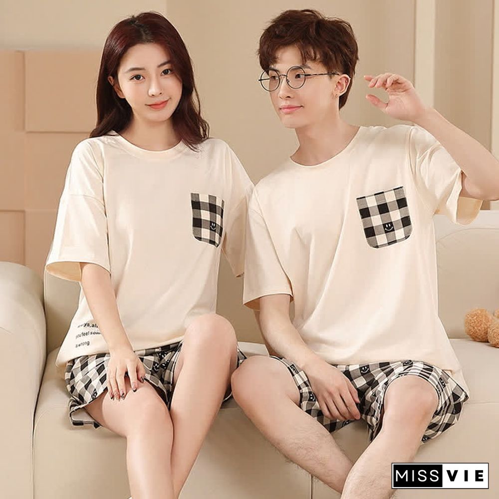 Smiling Face Lattice Summer Cotton Family Pajamas Matching Sets