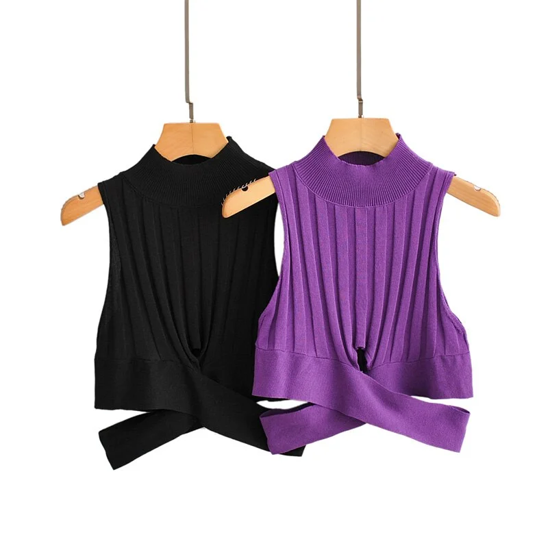 Autumn women's sweater casual solid color high collar sleeveless Slim irregular short sweater