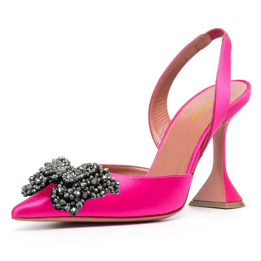 Fuchsia Satin Rhinestone Butterfly Pointed Toe Pumps Heels for Women