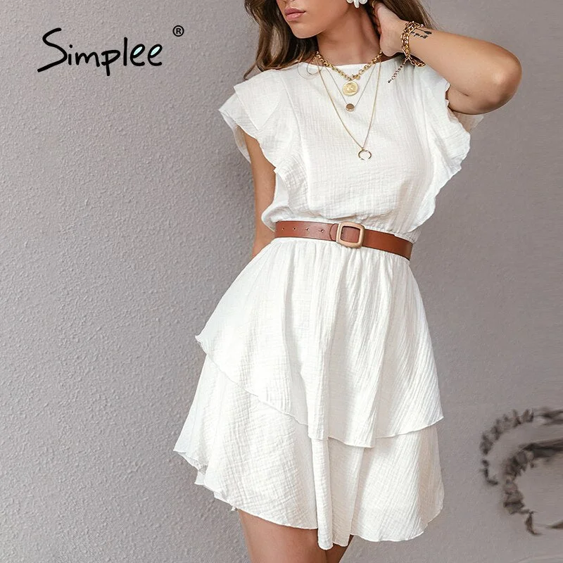 Simplee White Cotton female chic Dresses Fashion Solid Ruffled Mid-length High-waist Vestidos Sleeveless Summer women Dress 2021