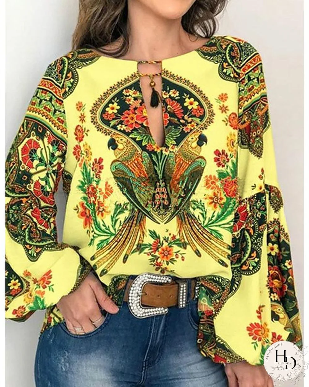 Women's Blouse Shirt Floral Flower Long Sleeve Lace up Print Round Neck Tops Basic Basic Top White Yellow Orange-0203813