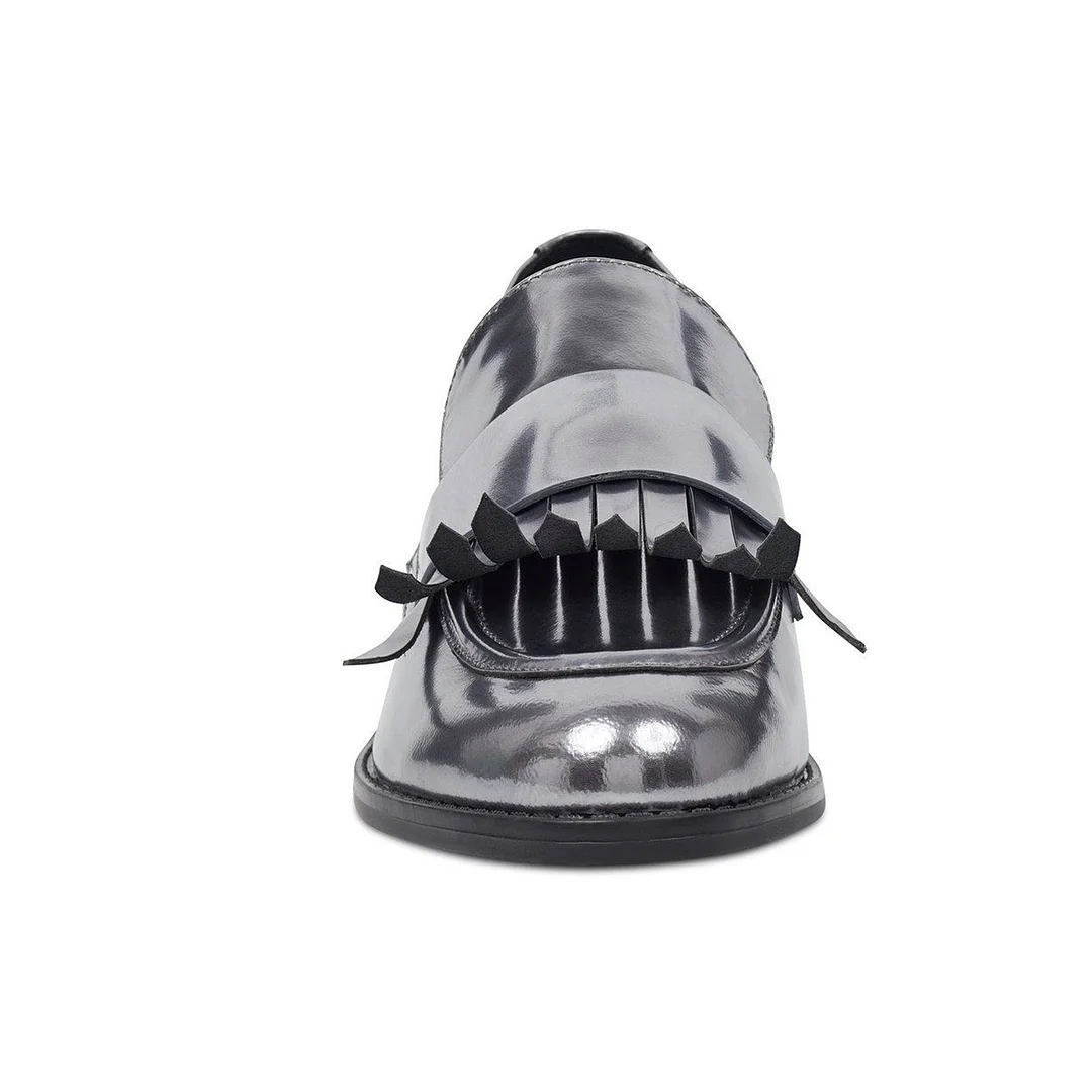Silver Metallic Touch Round Toe Flat Fringe Women's Loafers