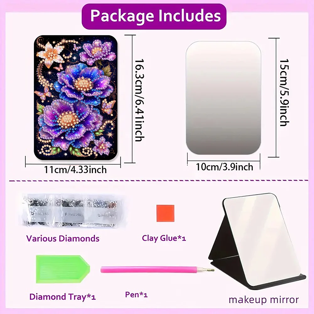 DIY Diamond Art Shiny Crystal Mirror Lightweight Standing Makeup Mirror (Flower)