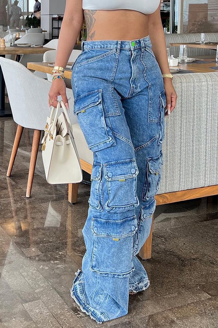Xpluswear Plus Size Blue Casual Pockets Design Cargo Jeans [Pre-Order]