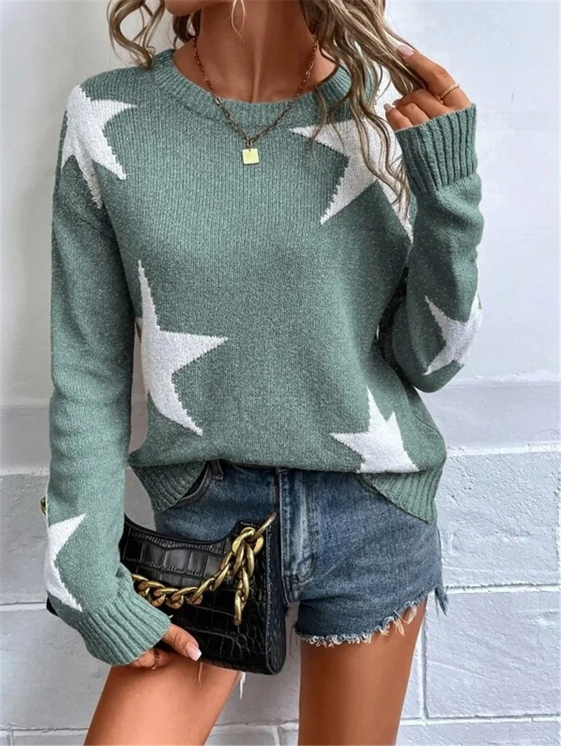 Athvotar Athvotar And Winter Loose Round Collar Star Pattern Knitted Long-Sleeved Sweater