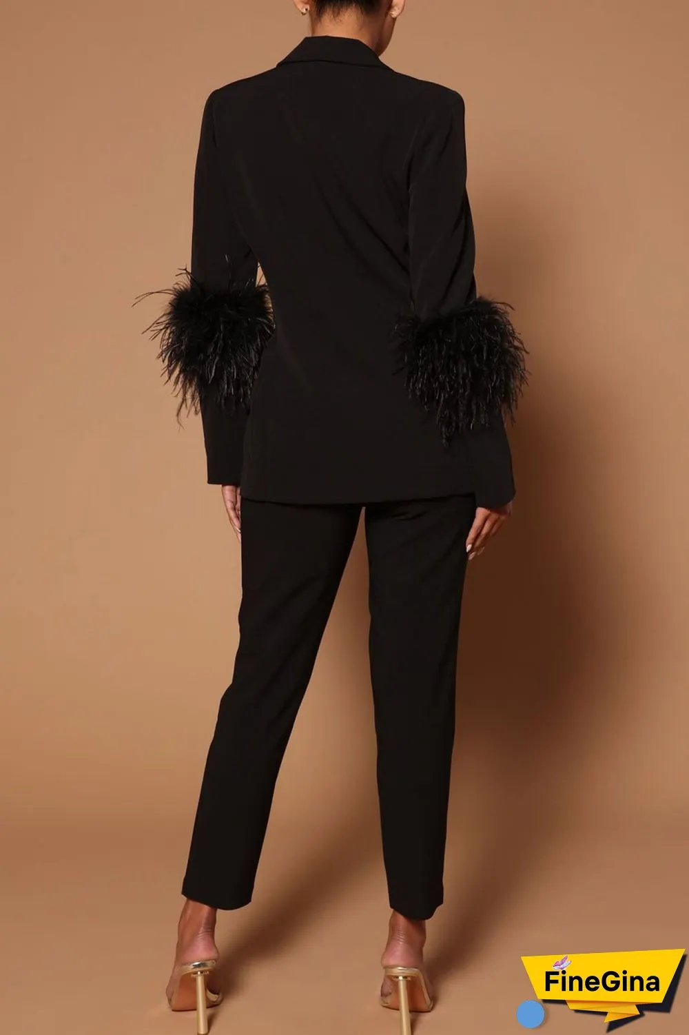 Rose Red Casual Print Patchwork Feathers Turn-back Collar Long Sleeve Two Pieces