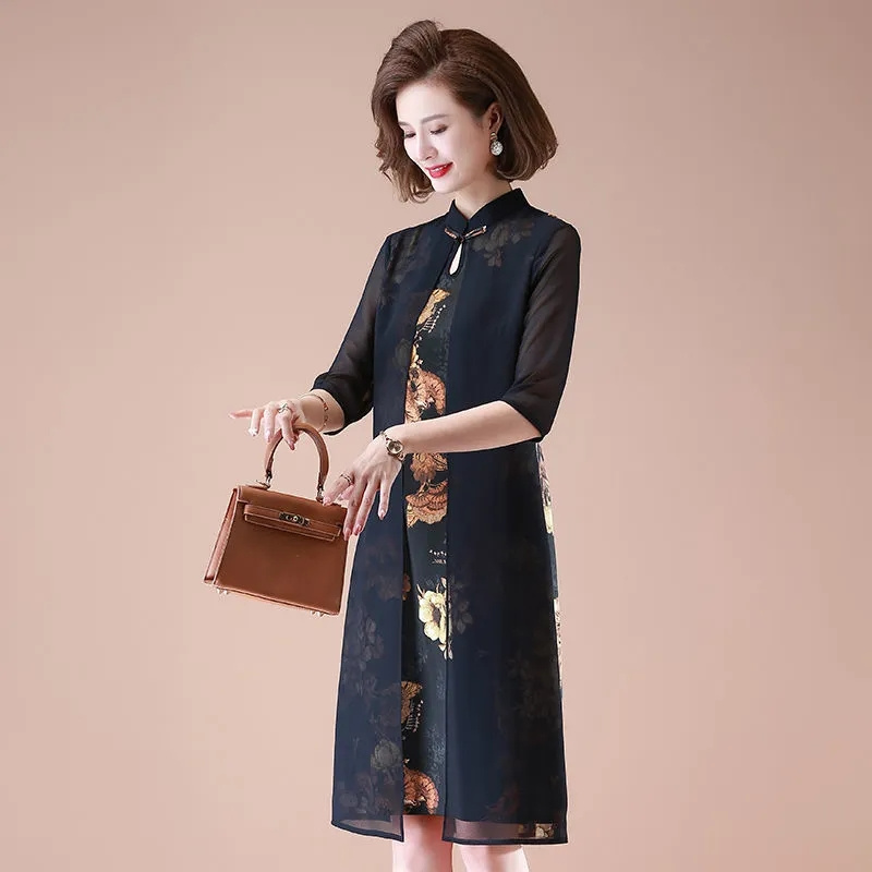 Roigam Mom's Summer Fashion Chiffon Cheongsam Dress 40 Years Old and 50 Middle-Aged Women's Summer Temperament Noble Belly Skirt