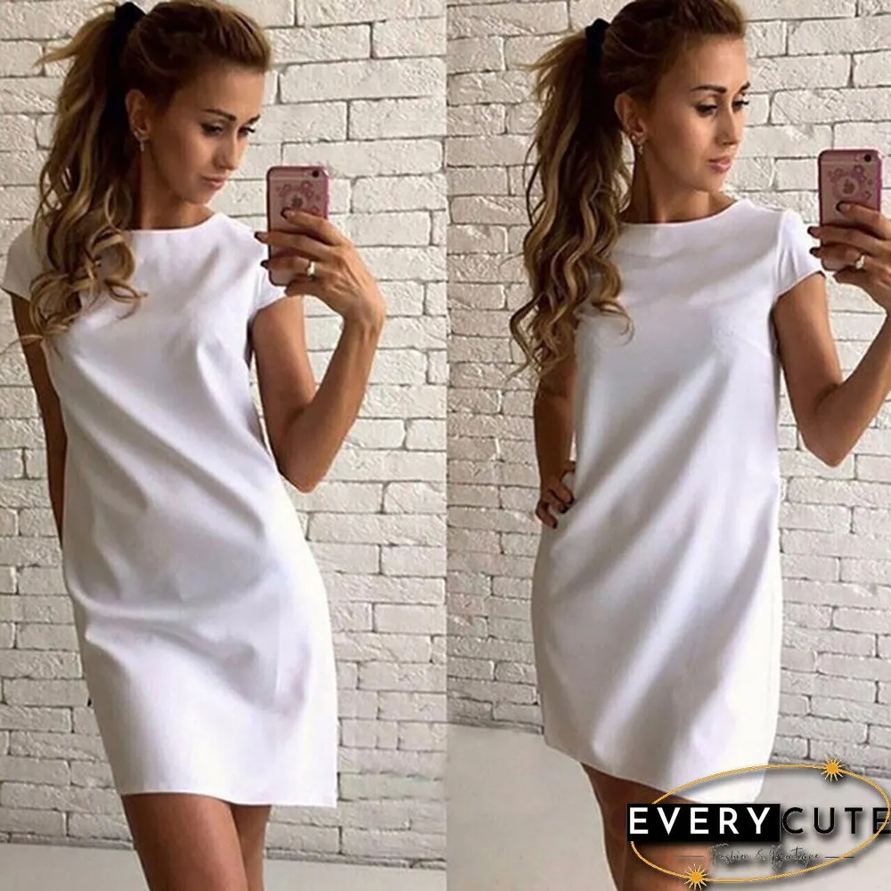Women Fashion Casual O-neck Short Sleeve Loose Solid Color Mini Short Dress Plus Size S-XXL