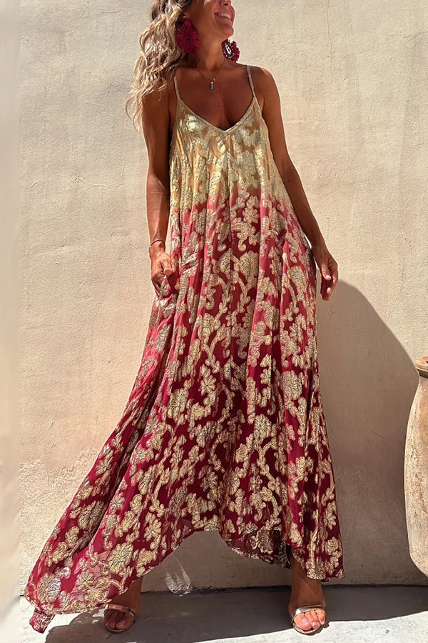 Eternal Dreamer Golden Floral Gradient Pocket A-line Cami Maxi Dress
