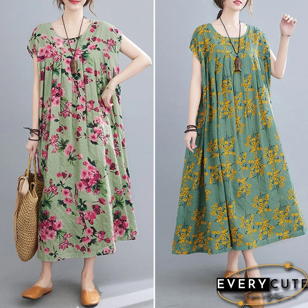 Women Summer Short Sleeve Crew Neck Loose Baggy Floral Printed Long Midi Shirt Dress Holiday Plus