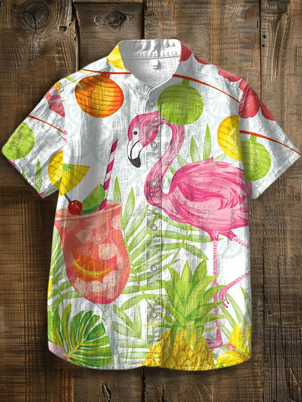 Men's Summer Drinks And Flamingo Watercolor Art Print Short Sleeve Shirt