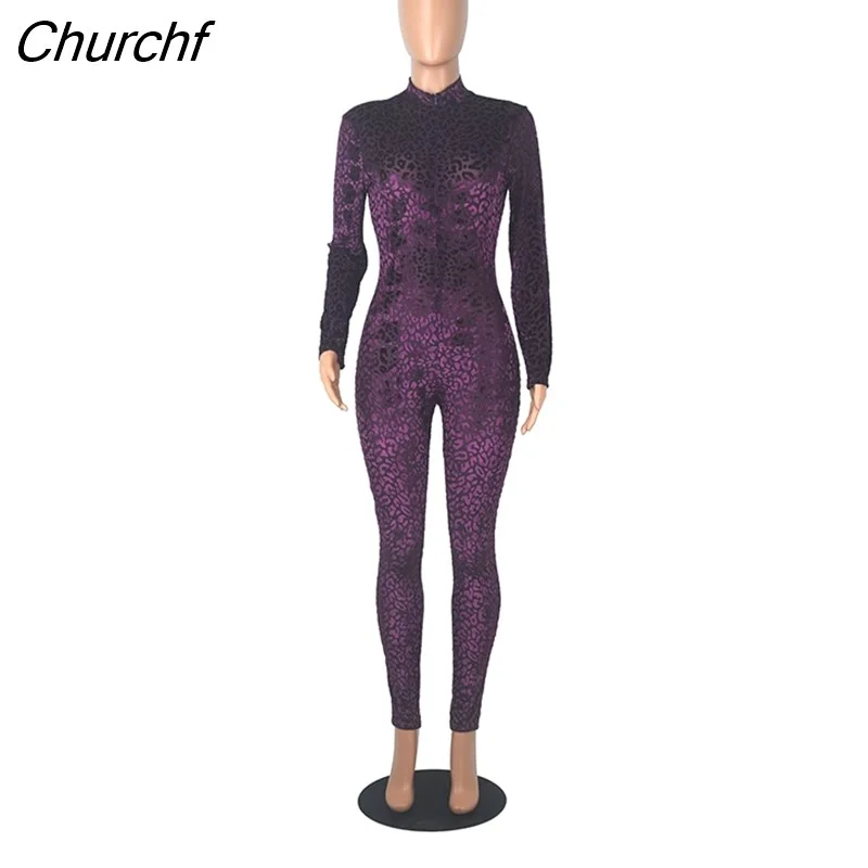 Churchf Sexy Print Velvet Bodycon Jumpsuit Long Sleeve Zip Up Birthday Outfits for Women Y2k Clothing One Piece Club Rompers