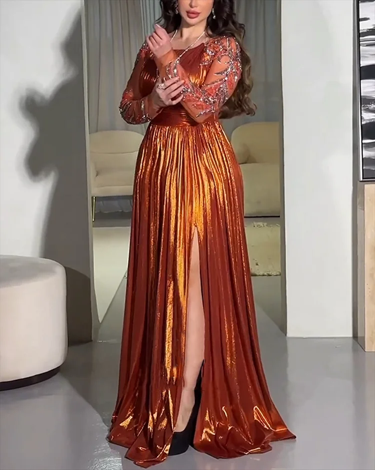 Women's Long Sleeve Slit Sequin Dress