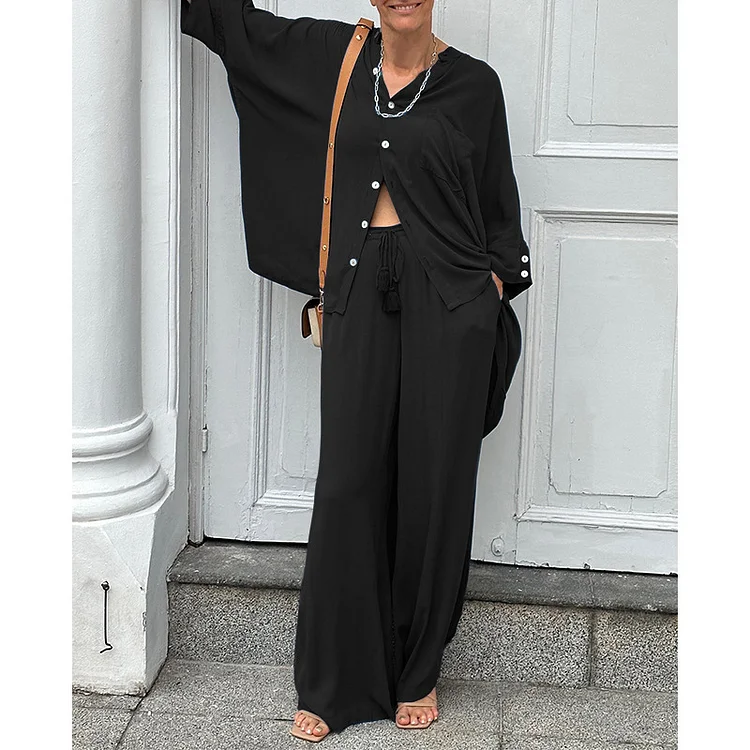Fashion Loose Top Stand Collar Straight Leg Pants Two-Piece Set
