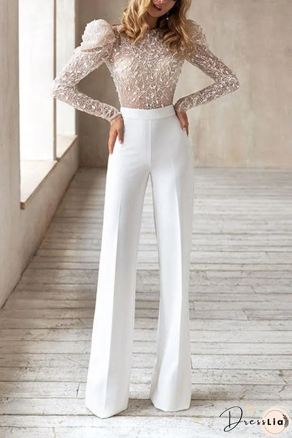 Round Neck Long Sleeve Open Back Jumpsuit