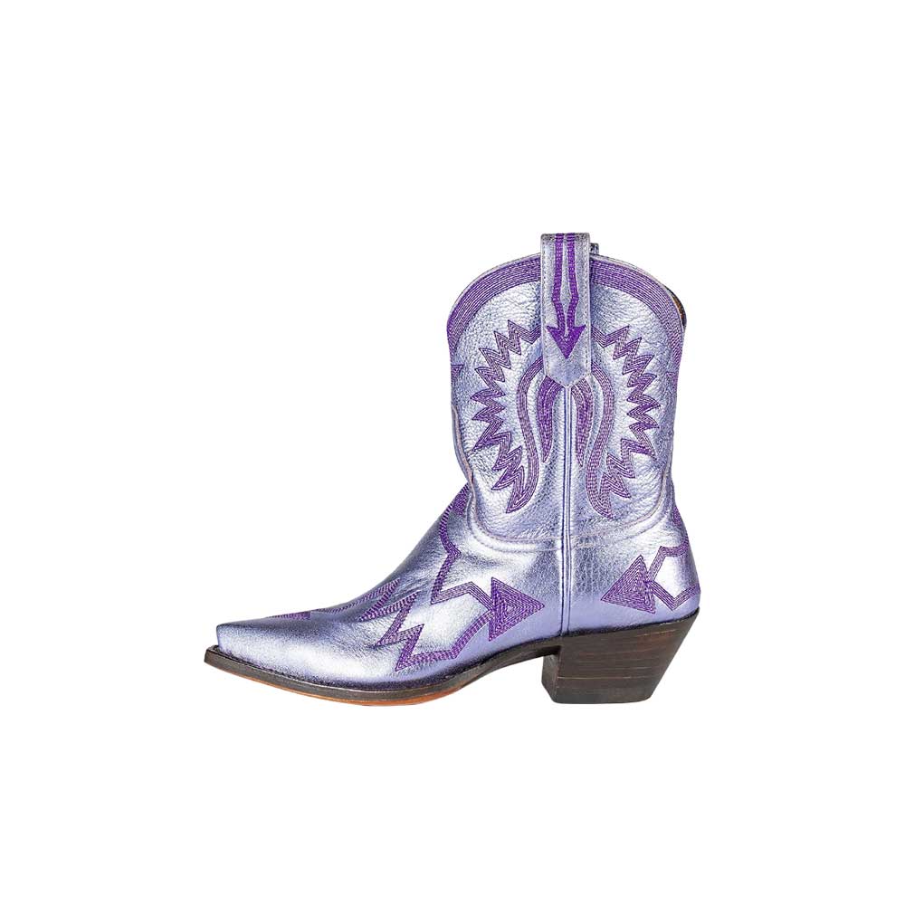 Metallic Lavender Snip Toe Block Heel Embroidered Cowgirl Ankle Boots