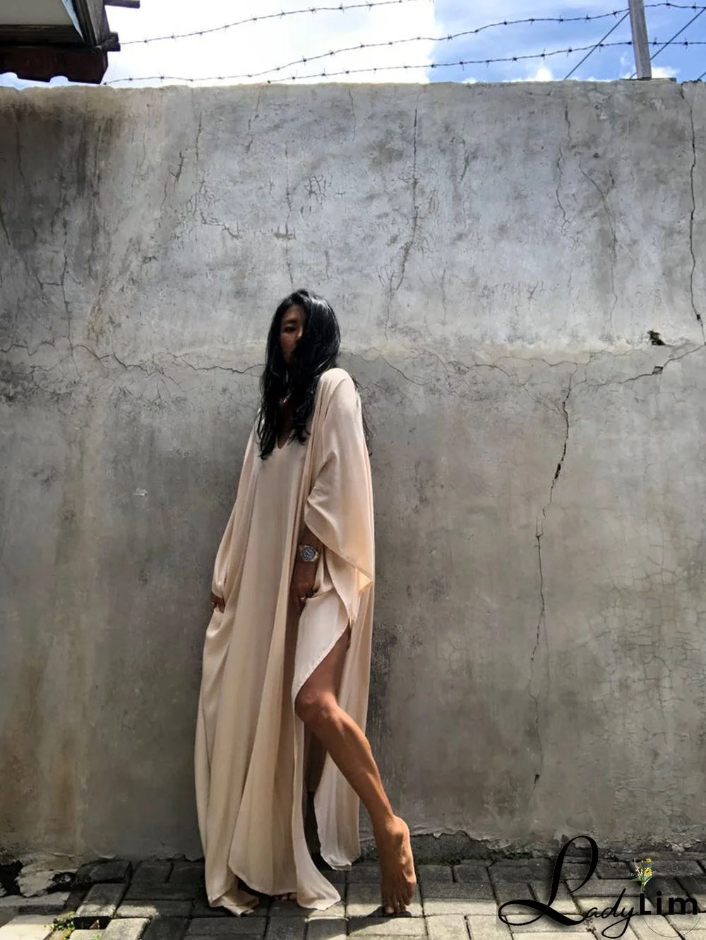 V Neck Solid Color Beach Cover Up