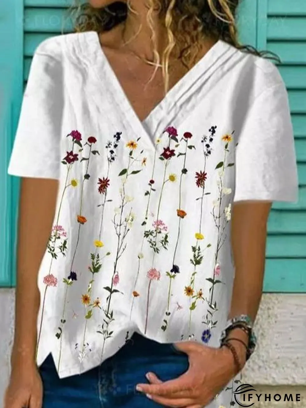 Holiday V Neck Floral Short Sleeve Tops | IFYHOME