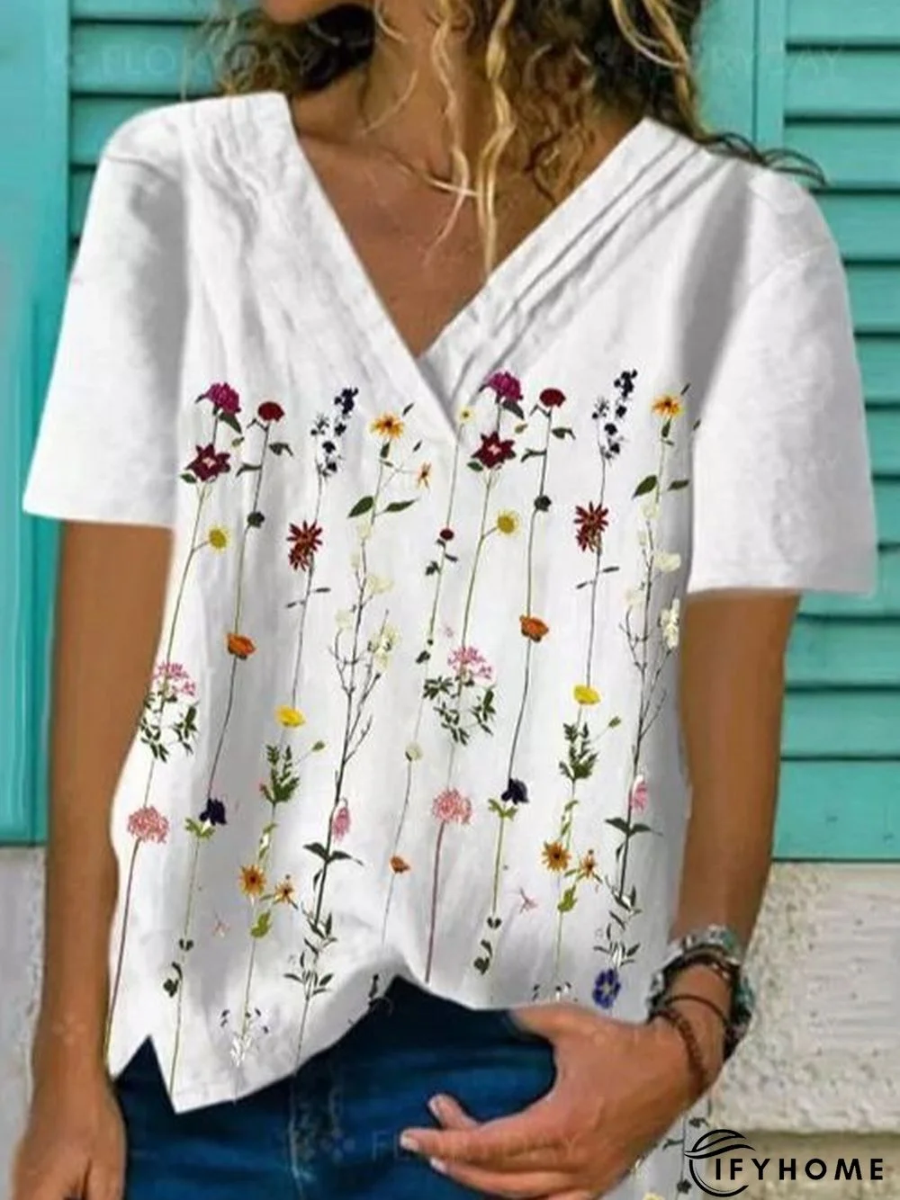 Holiday V Neck Floral Short Sleeve Tops | IFYHOME