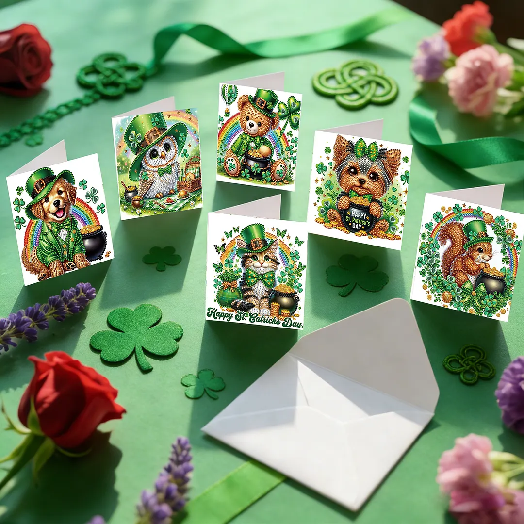 6Pcs St.Patrick Day DIY Diamond Painting Greeting Card Set with Envelopes Diamond Art Handmade Cards for Beginner Adult Holiday Gifts