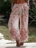 Women's Spring Floral Roses Embroidered Art Print Flowy Linen Blend Casual Pants