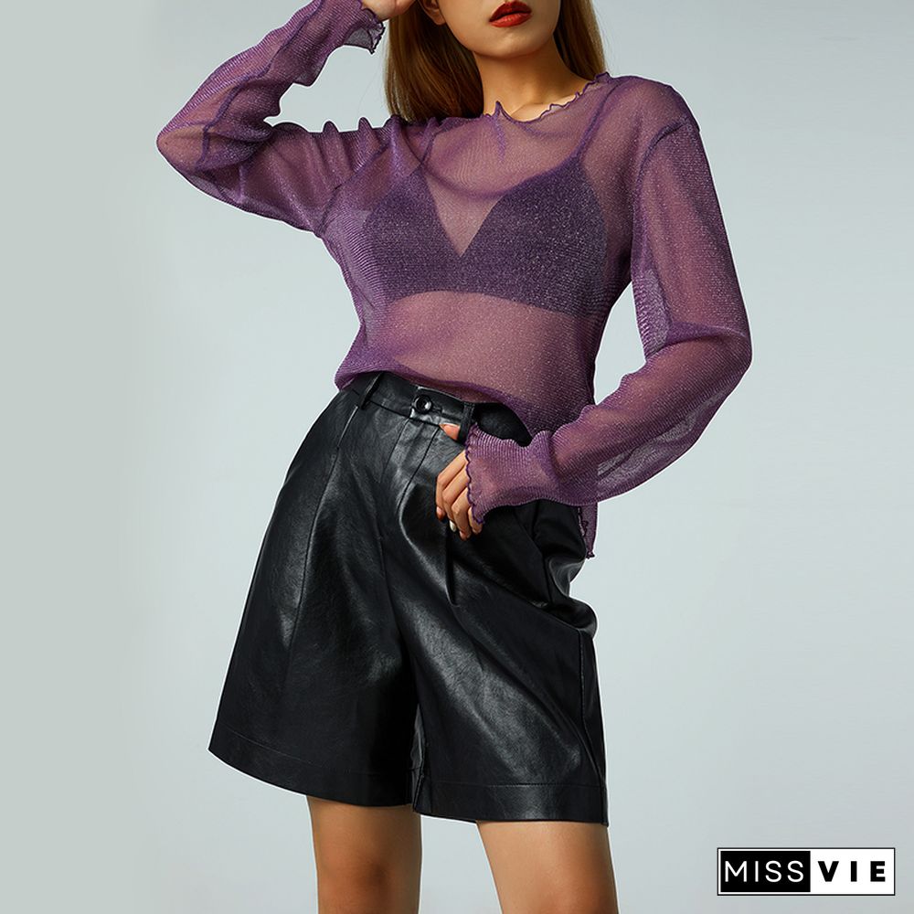 Women Sheer Mesh Glitter Sequin T Shirt/Bodysuit See Through Long Sleeve Turtleneck Sparkle Tee Blouse Tops Clubwear