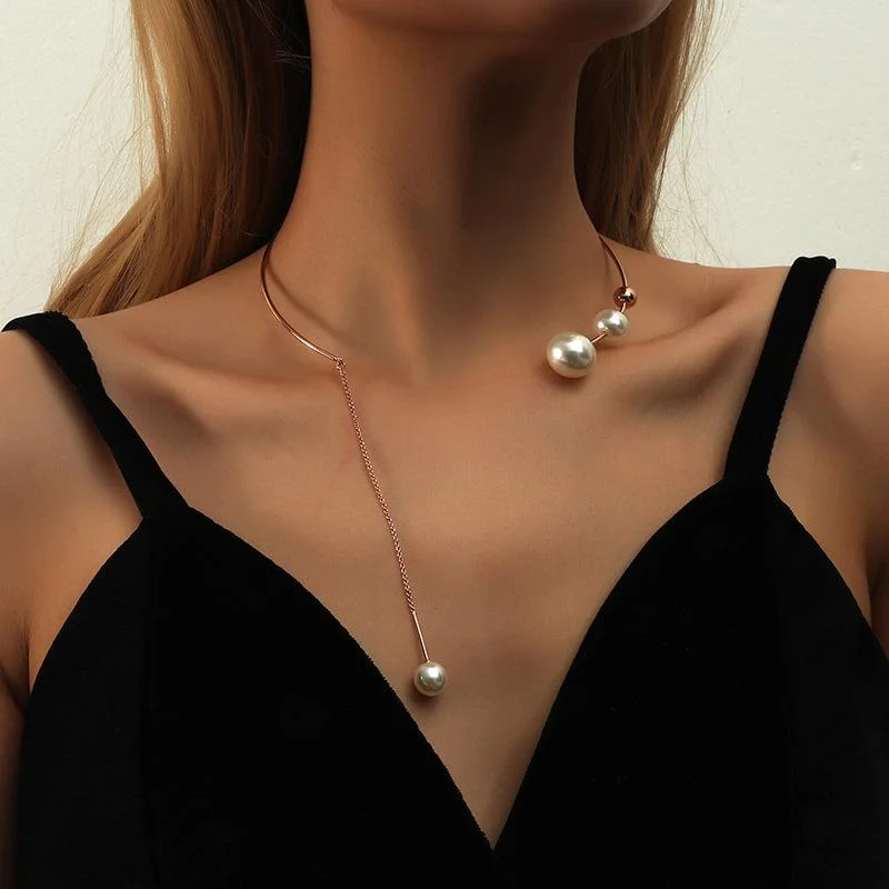 Rose Gold Elegant White Imitation Pearl Choker Clavicle Chain Necklace Jewelry-VESSFUL
