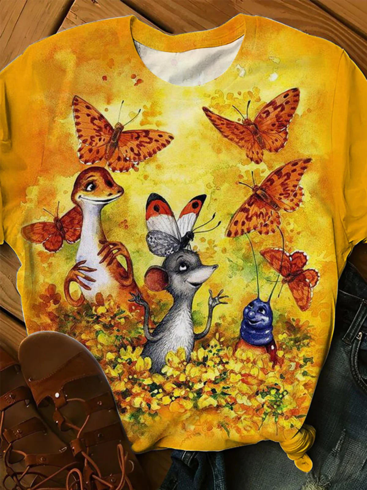Fall Animal Butterfly Floral Print Crew Neck T-Shirt