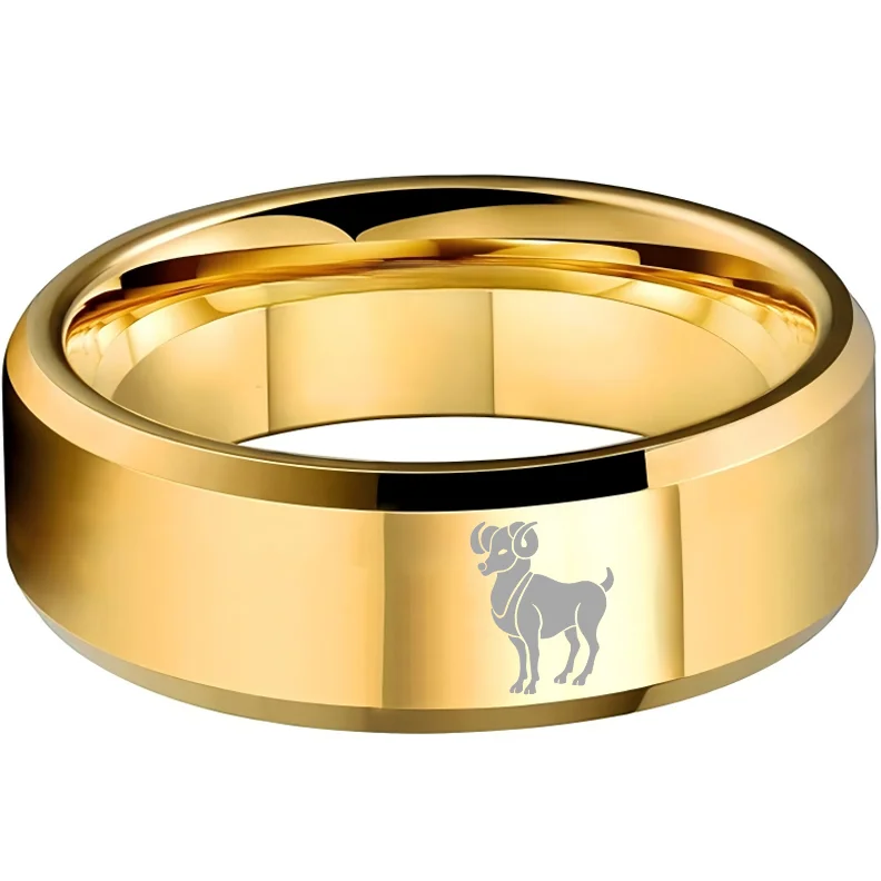 Beveled Edges Laser Etched Tungsten Carbide Gold Aries Couple Wedding Bands 4MM 6MM 8MM Width