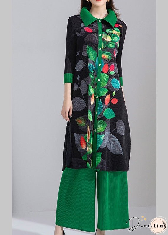 Plus Size Black Peter Pan Collar Print Patchwork Button Shirts And Wide Leg Pants Two Piece Set Spring