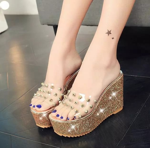Gold and Clear Heels Glitter Open Toe Slides Rivets Platform Sandals |FSJ Shoes