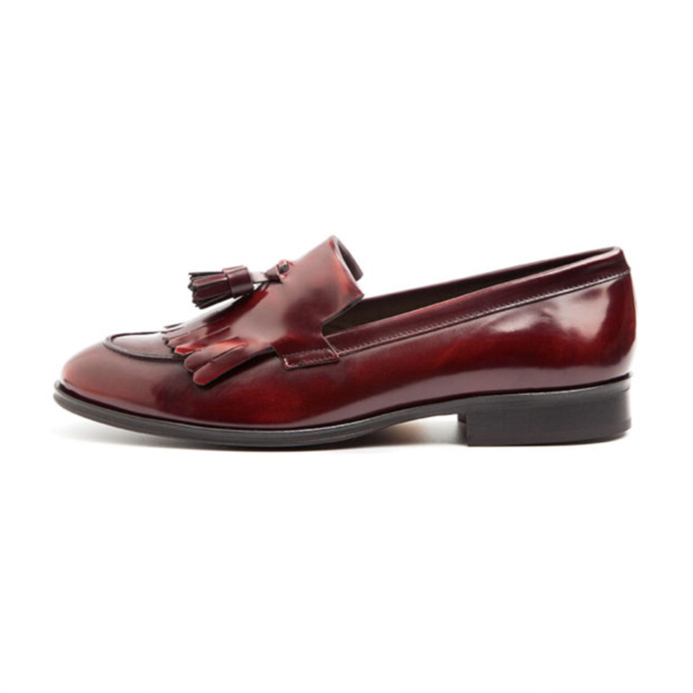 Maroon Vegan Leather Rounded Toe Block Heel Fringe Loafers Nicepairs
