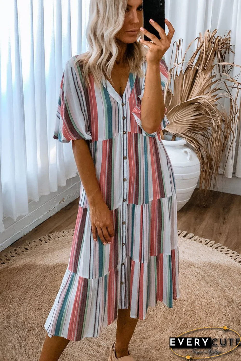 Serape Striped V Neck Buttoned Shirt Dress