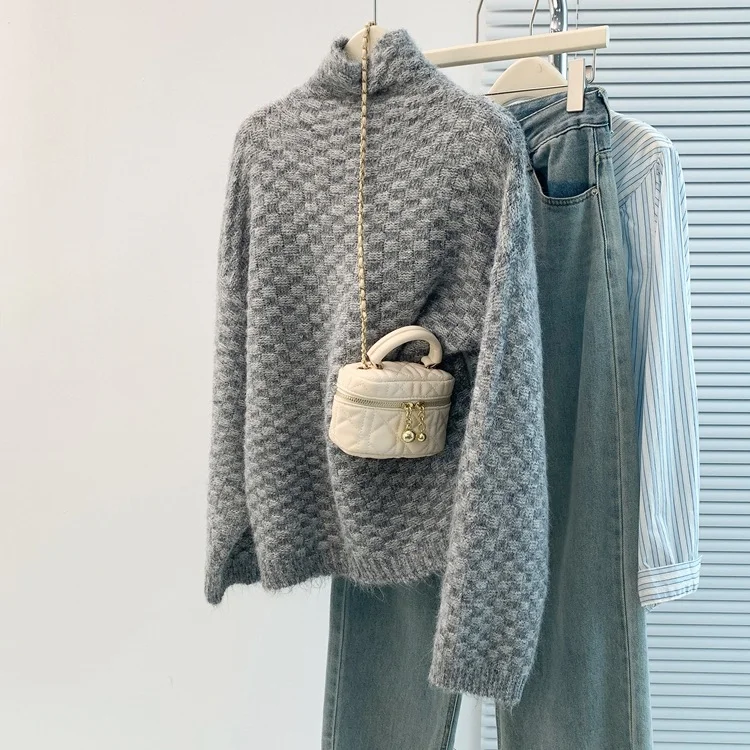 Athvotar Athvotar Women's Cotton Cashmere Lattice Half-High-Collar Sweater Korean Version Of The Student's Dress Dress Nice Hair Knitted Shirt