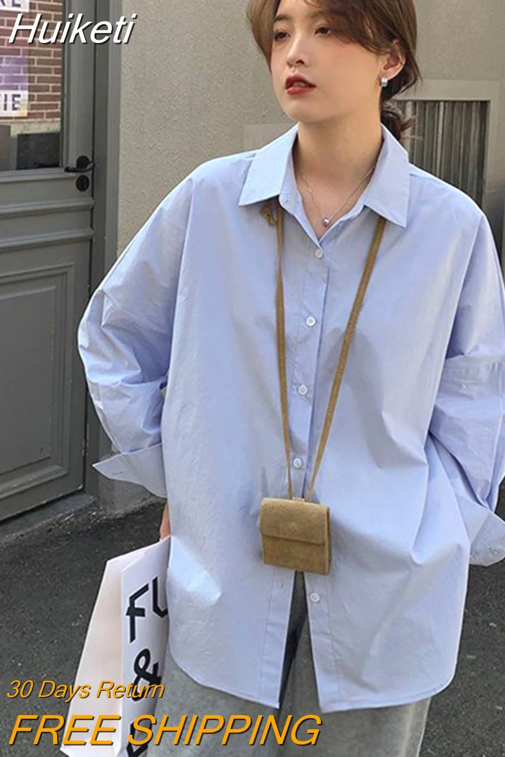 Huiketi Preppy Style Women Harajuku Shirt New Korean Fashion Loose Chic Blouse Autumn All Match Long Sleeve Design Lady Blue Tops