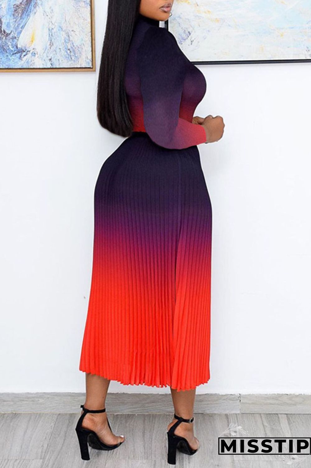 Red Casual Elegant Gradual Change Patchwork Fold Half A Turtleneck Long Sleeve Two Pieces