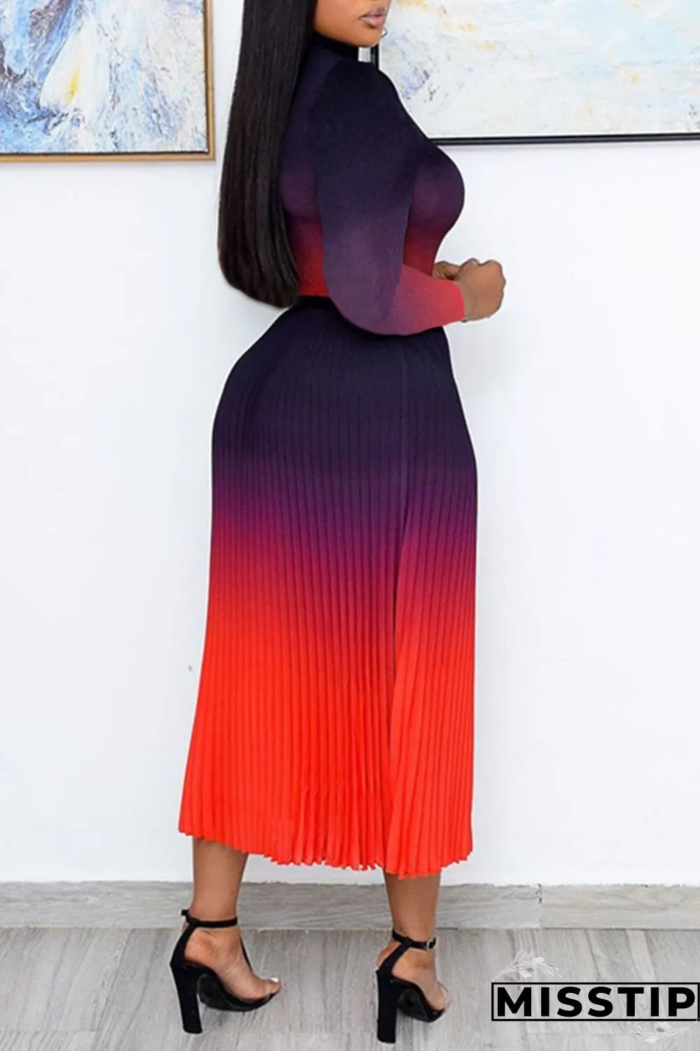 Red Casual Elegant Gradual Change Patchwork Fold Half A Turtleneck Long Sleeve Two Pieces