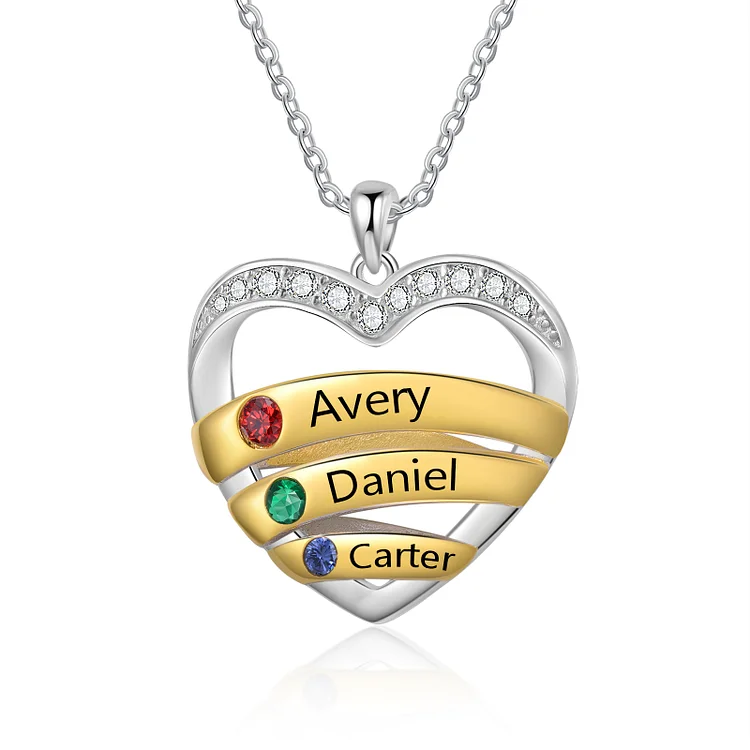 Personalized 3 Names & 3 Birthstones Necklace Custom Heart Pendant Women's Necklace Gifts for Her