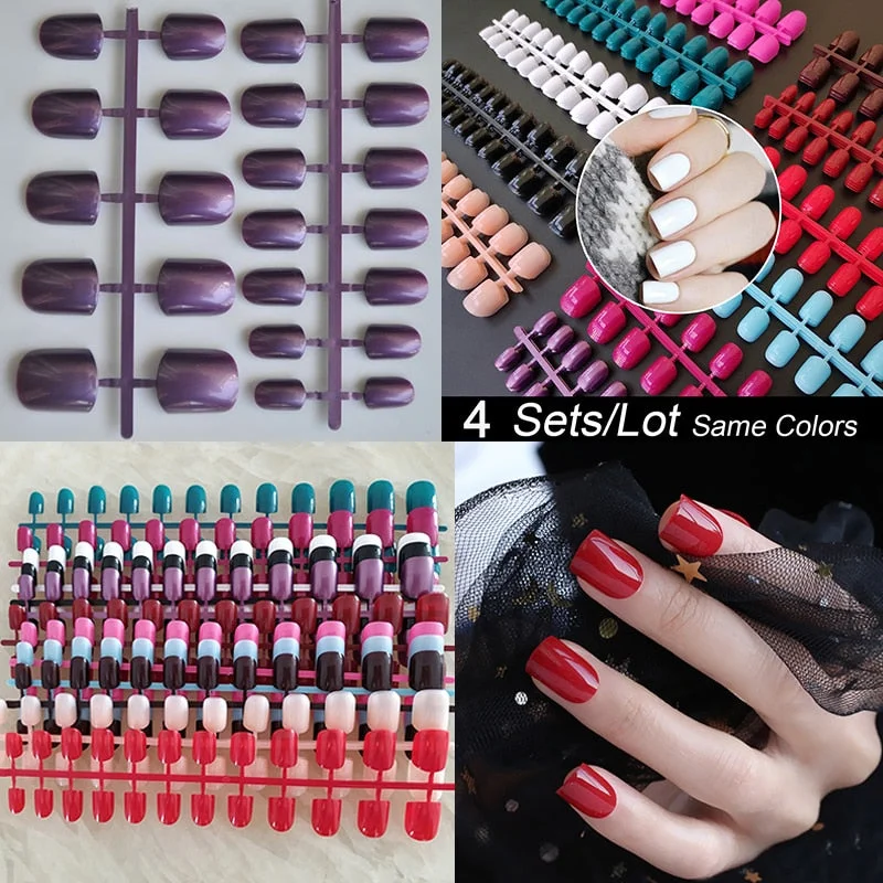 4 Sets/lot Mixed Colors False Nail Tips Short Full Cover Square Fake Nails Comfortable Multicolor Press On Nails Nail DIY-Nail Inspo