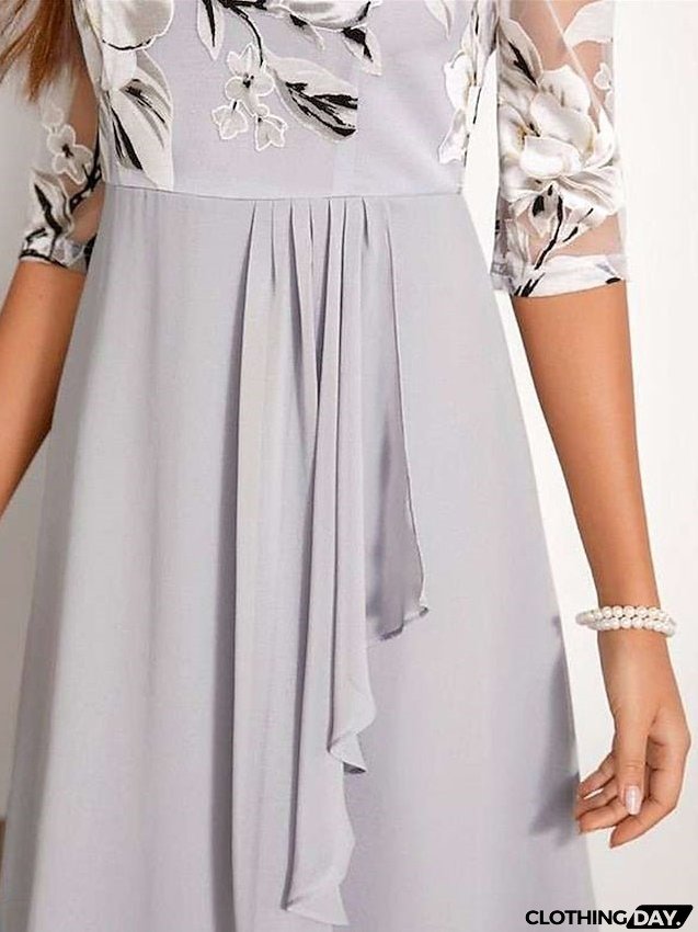 Work Dress Chiffon Dress Semi Formal Dress Fashion Midi Dress Mesh Print Crew Neck 3/4 Length Sleeve Floral Regular Fit Gray Spring Summer S M L XL XXL for Women
