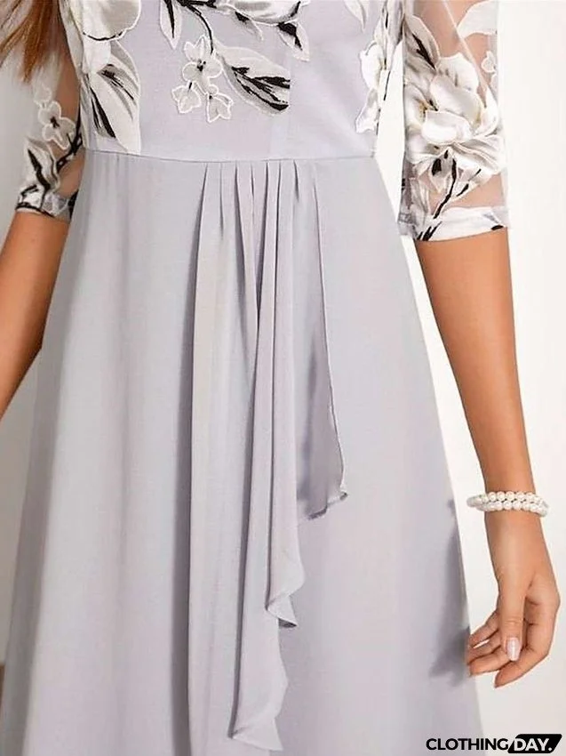 Work Dress Chiffon Dress Semi Formal Dress Fashion Midi Dress Mesh Print Crew Neck 3/4 Length Sleeve Floral Regular Fit Gray Spring Summer S M L XL XXL for Women
