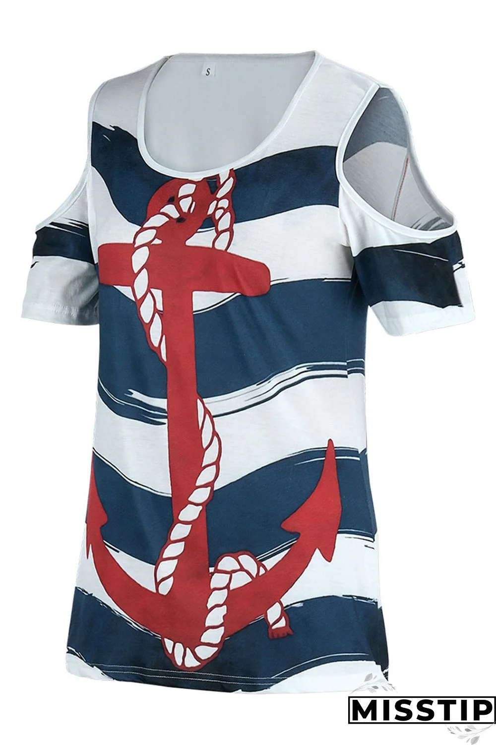 Deep Blue Fashion Casual Print Hollowed Out O Neck T-Shirts