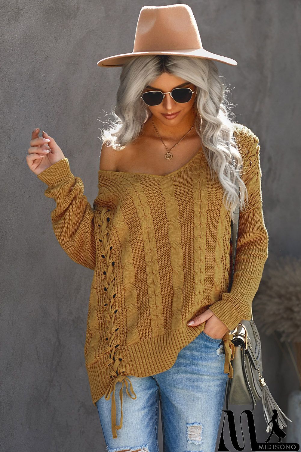 MidiSono - Love Letters Cable Knit Lace Up Sweater